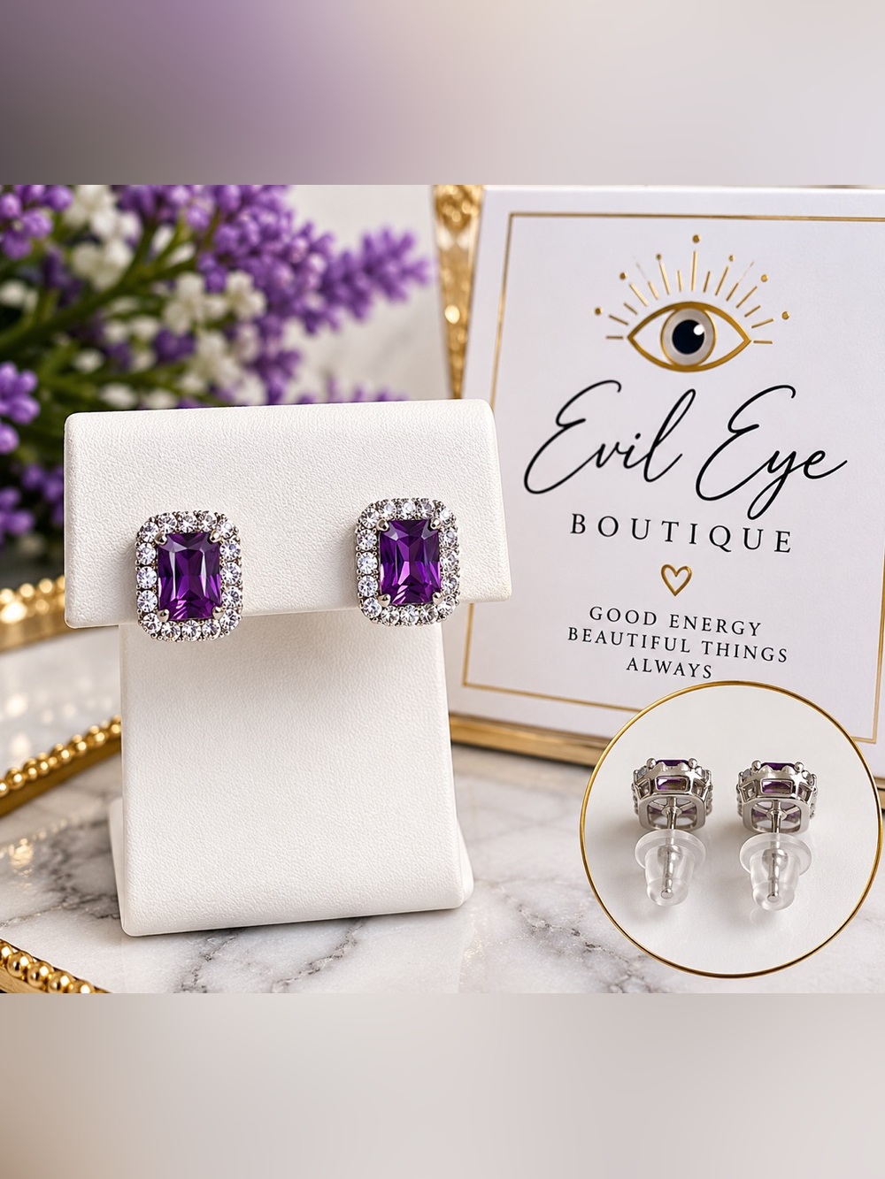 💜Amethyst Purple Halo Stud Earrings - Women Jewelry